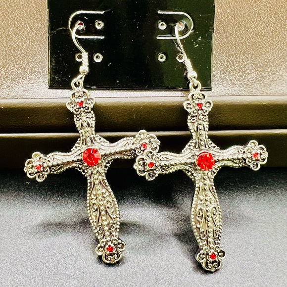 NWT Dolls Kill Widow Red Gemstone Silver Antiquated Silver Cross Drop Earrings - Picture 6 of 7